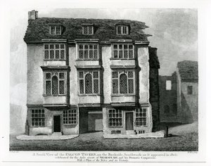 En sørlig utsikt over Falcon Tavern, på Bankside, Southwark, gravert av William Wise, 1811